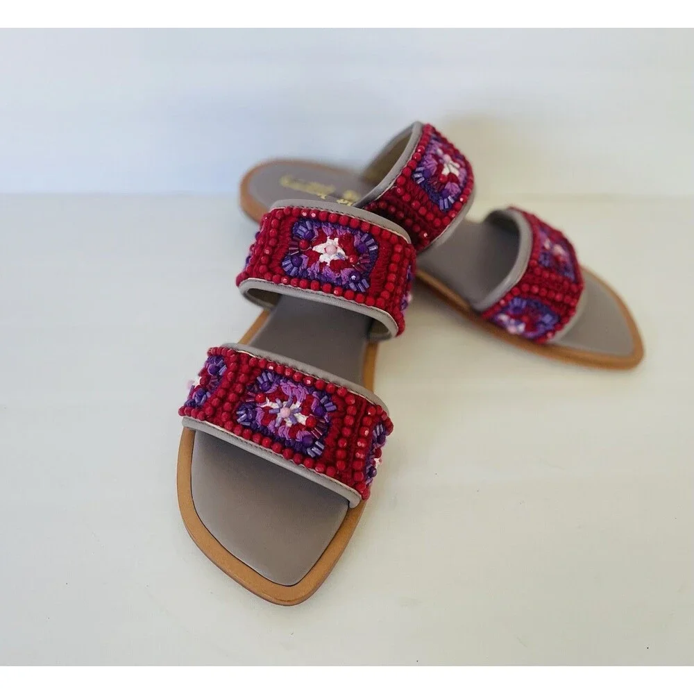Anthropologie Coral Blue Purple Red Granny Square Flats Embroidery Bead Sandal 9